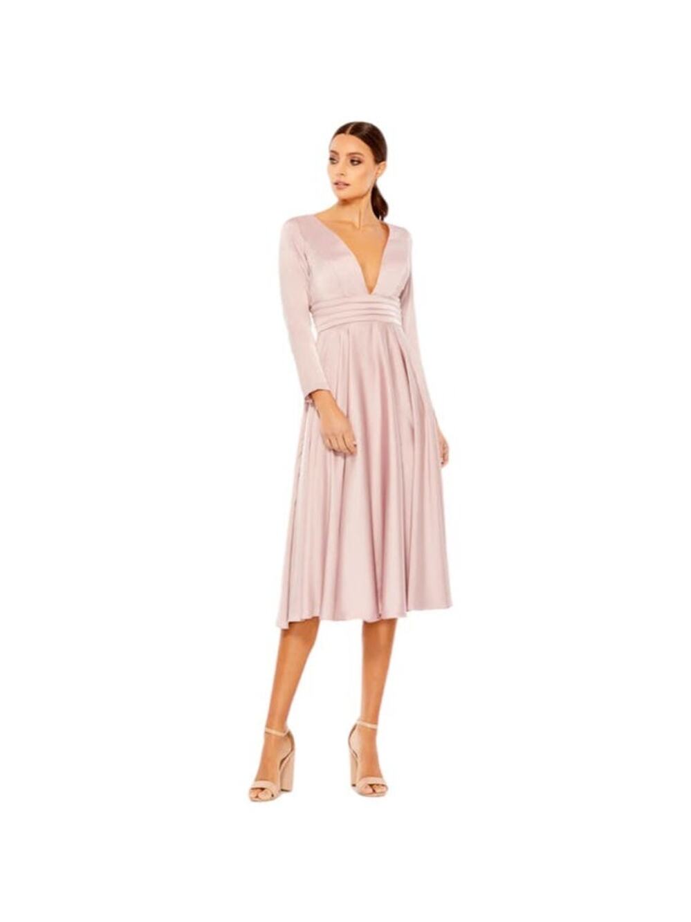 Mac Duggal Plunge Neck Satin A-Line Midi Dress Rose Style 67527 Rose Size 0 NWT